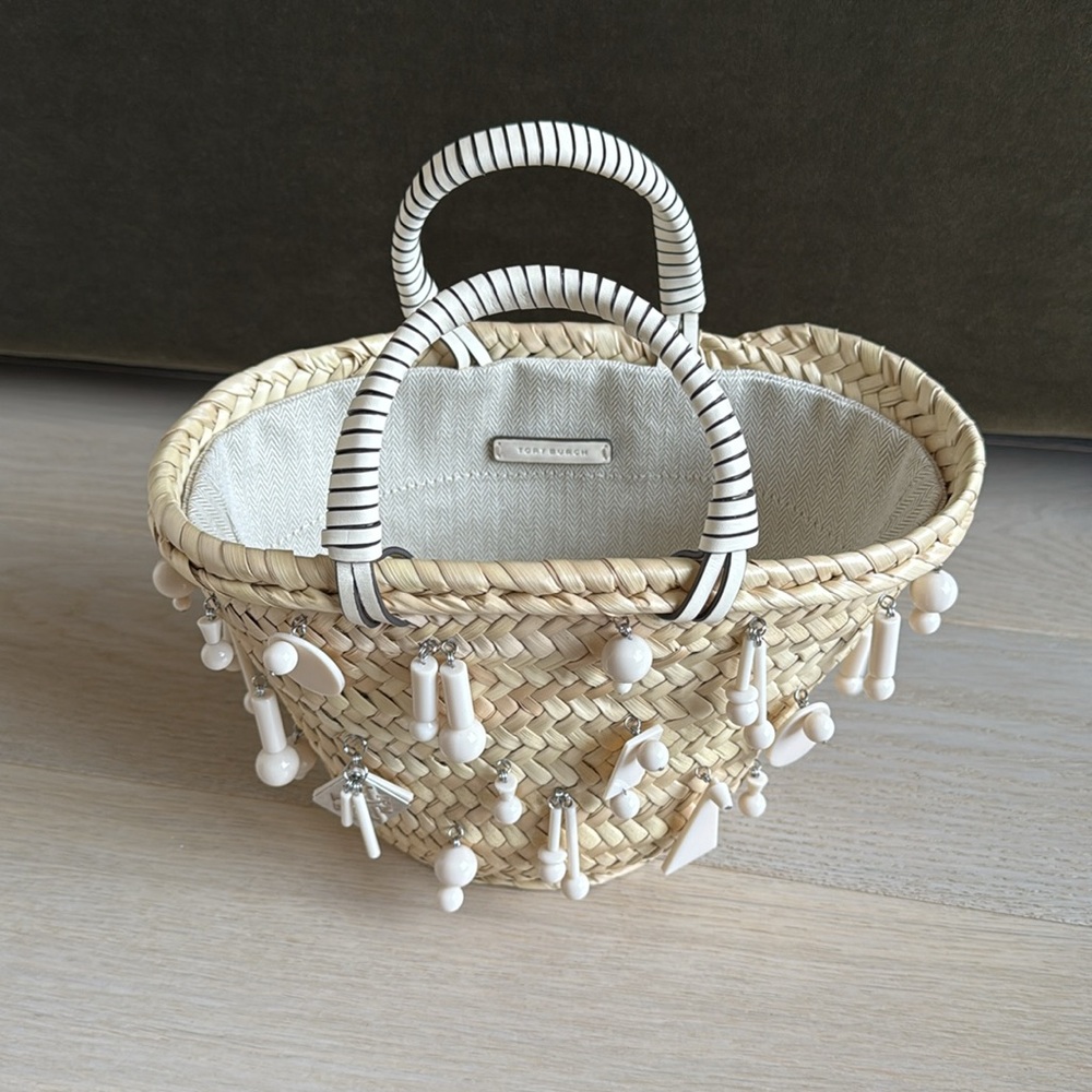 Tory Burch Tan and White Woven Basket Bag